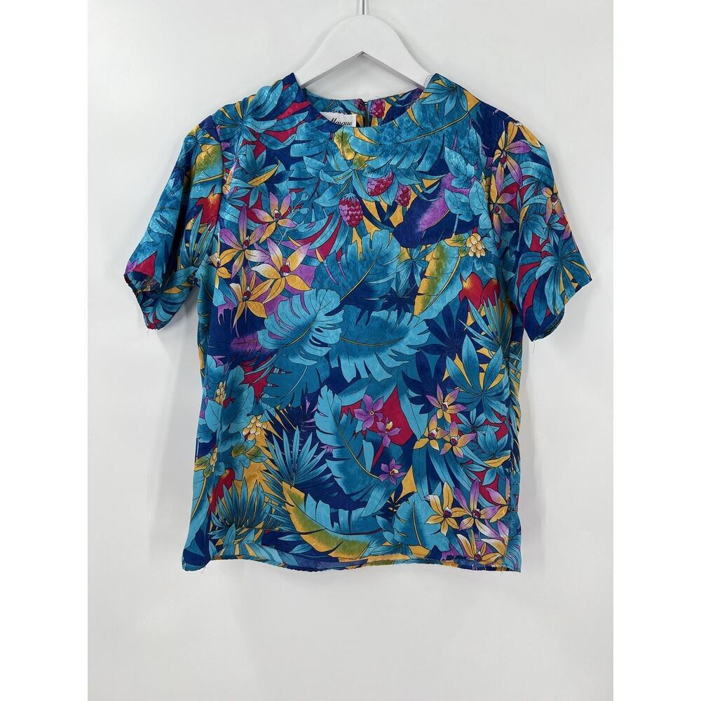 Jeri Marque Vintage Blouse Womens 8 Blue Floral Tropical Leaf Print Satin Casual